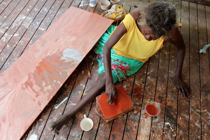 Barrupu Yunupingu working at Yirrkala's art centre, North East Arnhem Land, 2012.