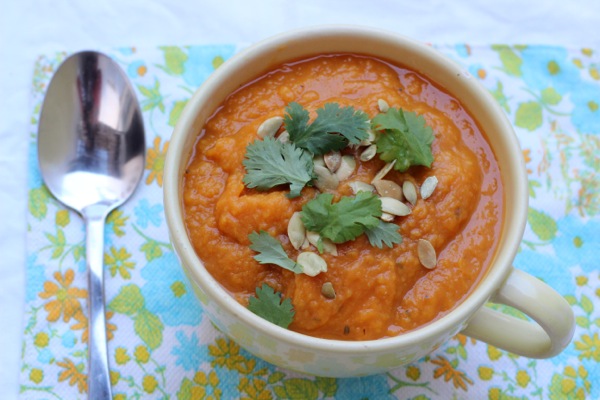 Vegetarian sweet potato and pumpkin soup with extra protein