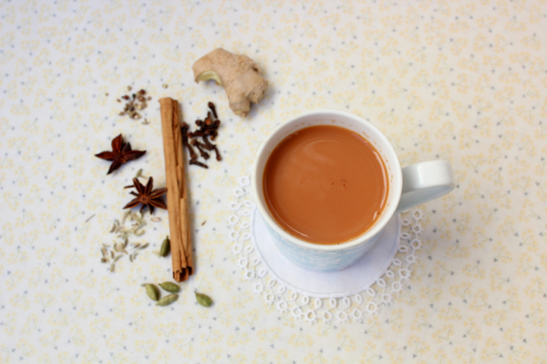 Homemade vegan chai made with seven spices and rooibos tea.