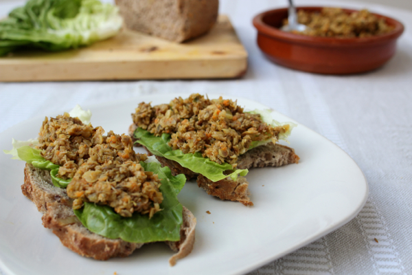 Sprouted lentil dip served over wholemeal bread