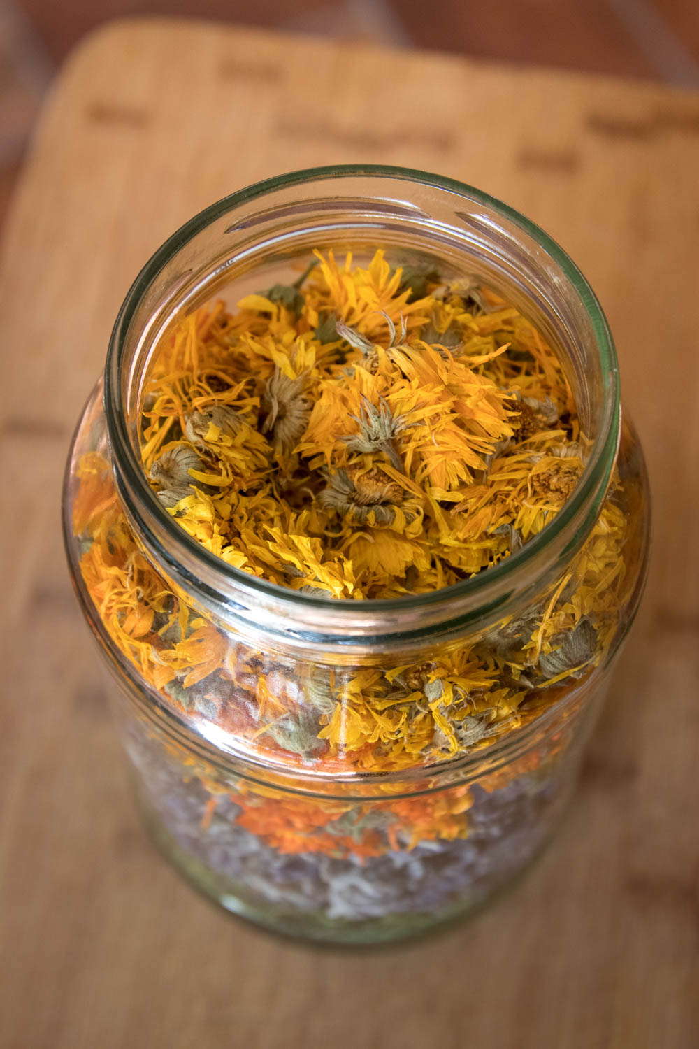 Dried calendula flowers stuffed into a big jar, ready for infusing in olive oil - step one in this calendula salve recipe.
