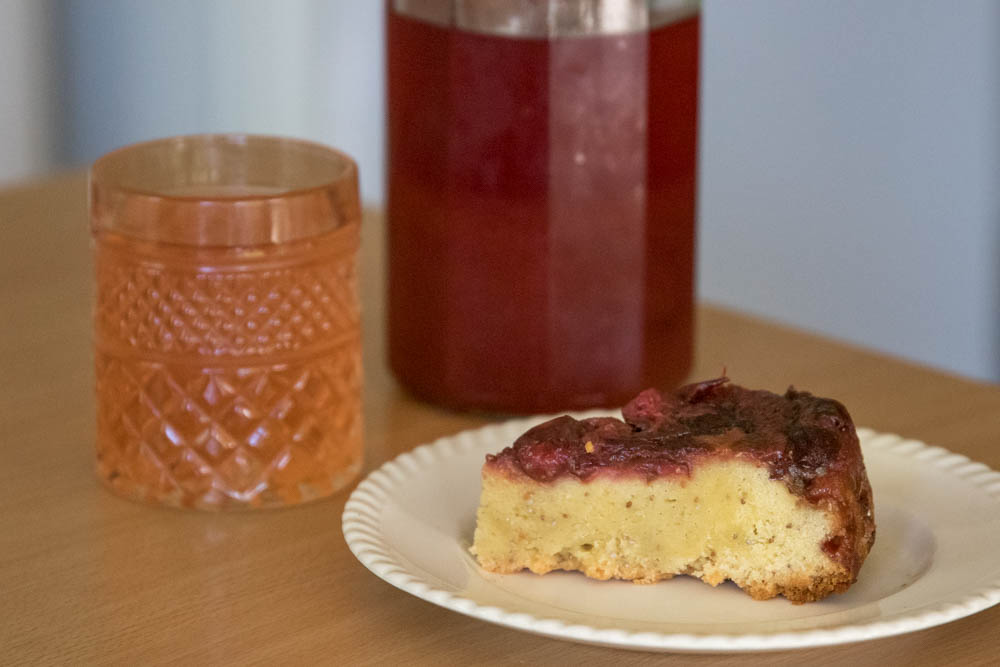 The plum shrub and upside-down plum cake go quite well together.