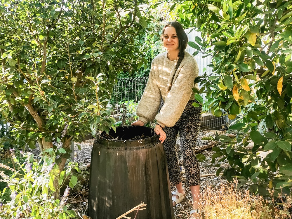 Koren Helbig with her compost bin.
