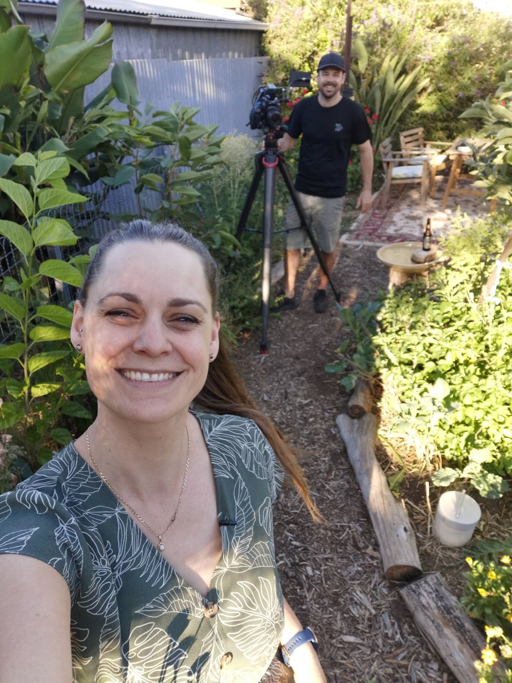 Koren Helbig with Guy Furner from The Forward, filming a video in my urban Adelaide permaculture garden