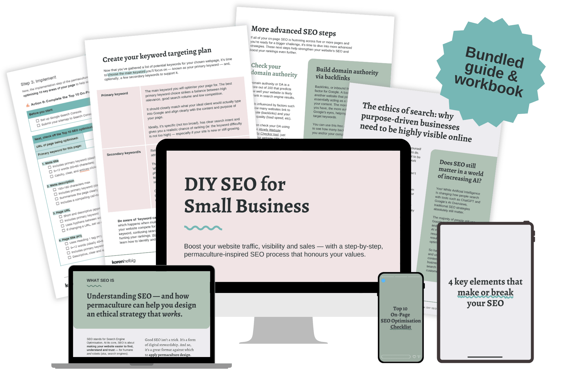 DIY-SEO-bundle-image A graphic showing lots of different pages from the bundled SEO starter guide and workbook