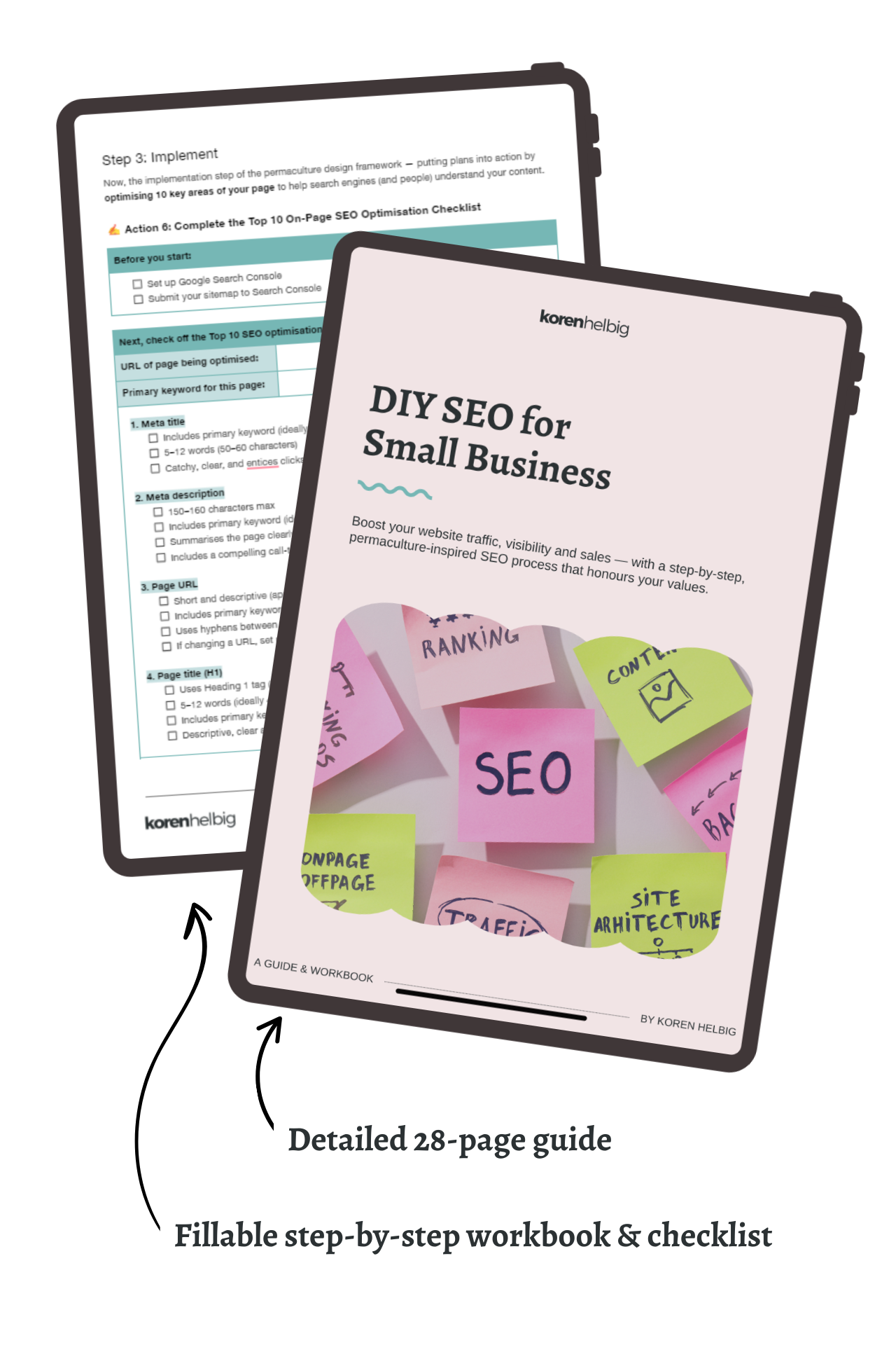 DIY-SEO-what’s-inside A graphic detailing what's inside the guide, with two images and arrows pointing to them that say 'Detailed 28-page guide' and 'Fillable step-by-step workbook'