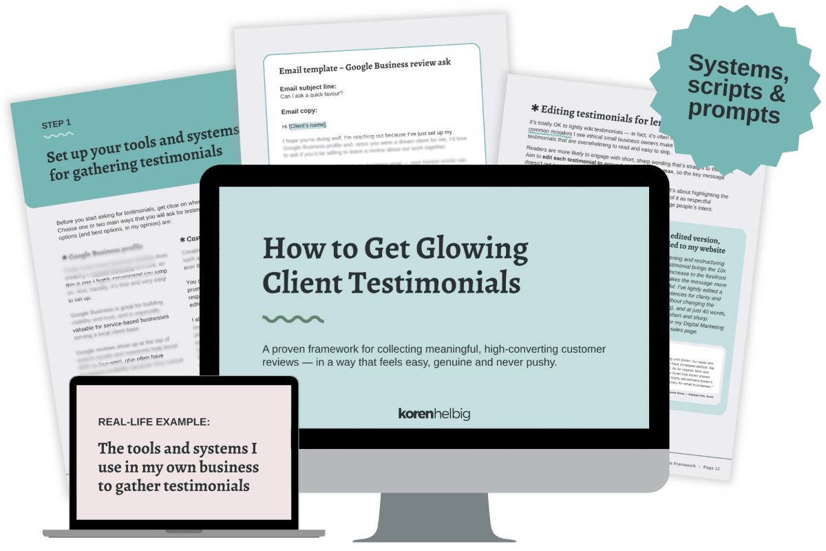 A graphic of computers and iPads showing some of the pages included in the How to Get Glowing Client Testimonials framework.