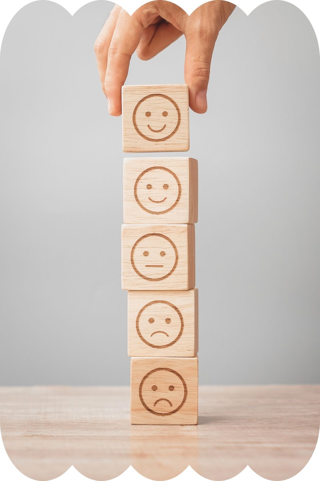 Five wooden blocks stacked on top of each other, each with faces showing frowns to smiles - indicating customer reviews.