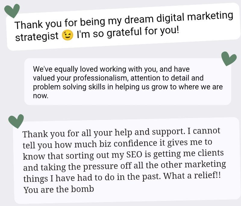 A graphic showing three testimonial screenshots from happy clients who used a Digital Marketing Support Package