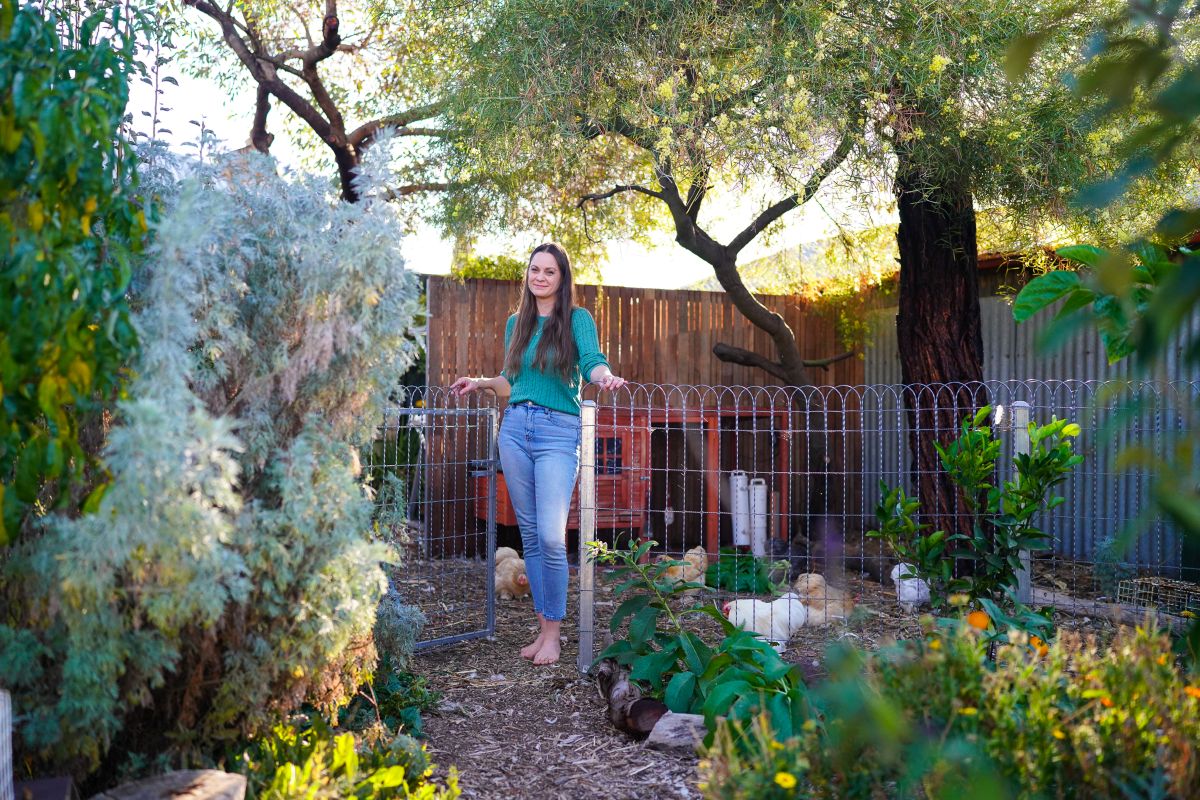 Koren Helbig in her backyard permaculture garden
