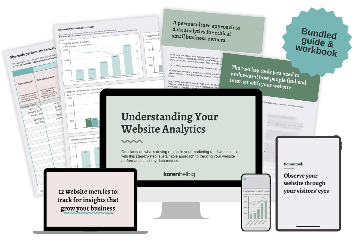 A graphic showing lots of different pages from the bundled data analytics for small business guide and workbook
